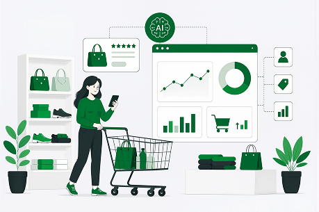 Illustration of a woman shopping with a cart, surrounded by AI-powered retail analytics charts and recommendation icons