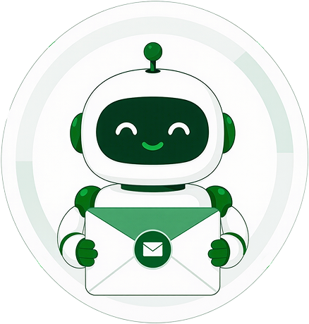 Illustration of a friendly robot mascot holding an email envelope representing a mail automation bot