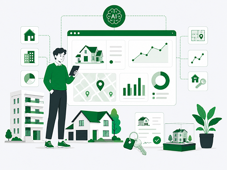 Illustration of a man with a tablet viewing AI-powered real estate listings, maps, and analytics, with houses and keys nearby