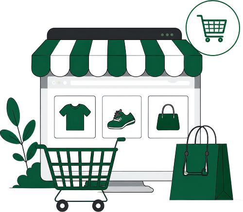 Illustration of an online retail storefront with a shopping cart, bags, and clothing icons representing the retail industry