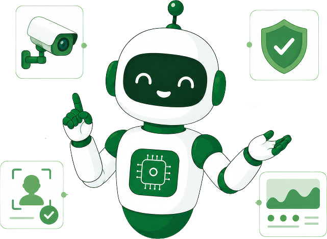 Illustration of an AI robot mascot with surveillance camera, security shield, facial recognition, and analytics icons representing AI-powered surveillance
