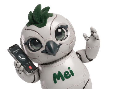Mei, the TechnoRUCS AI assistant mascot, holding a phone on a call